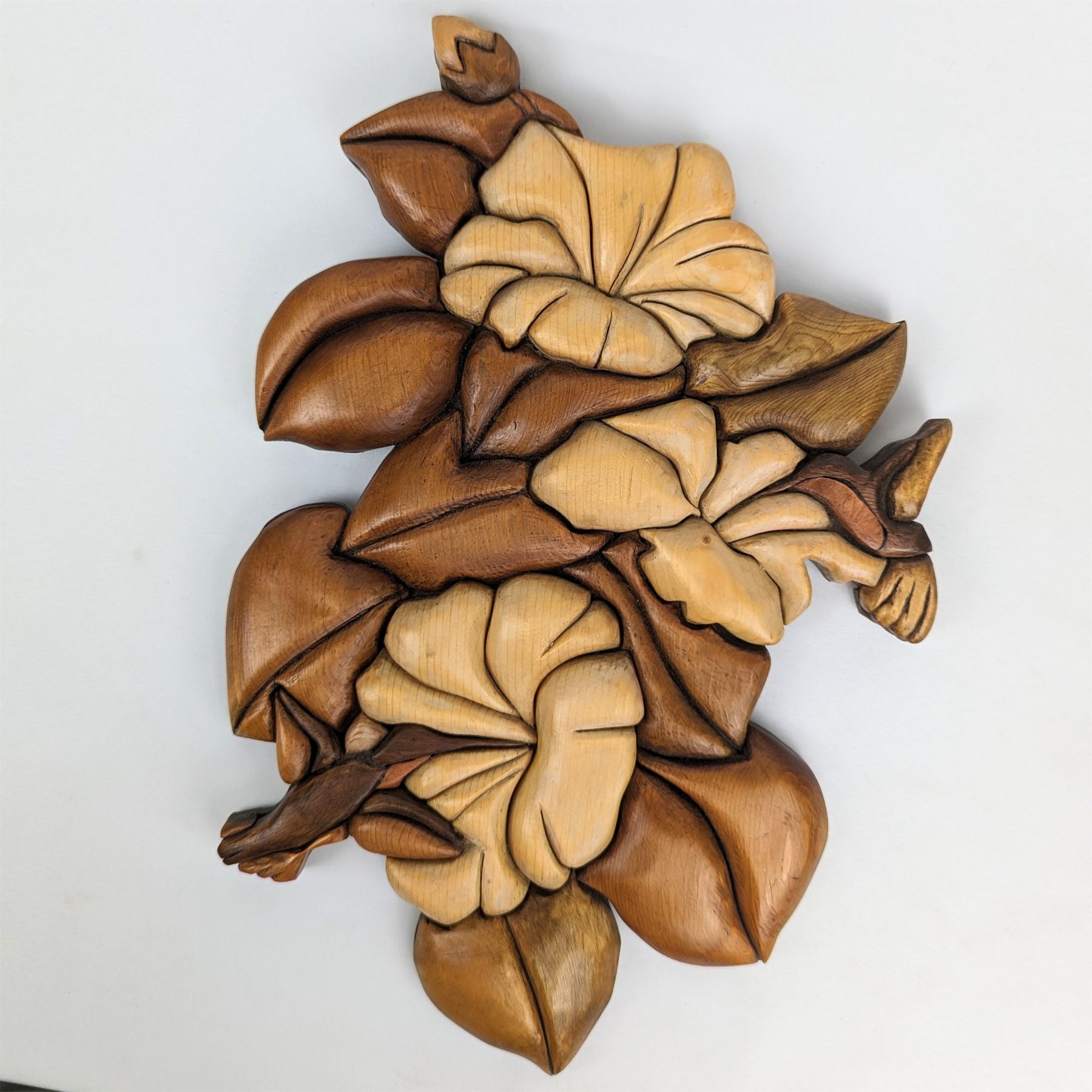 Hummingbird Inlay Work Wood Intarsia Art Work - Hummingbird & Flowers
