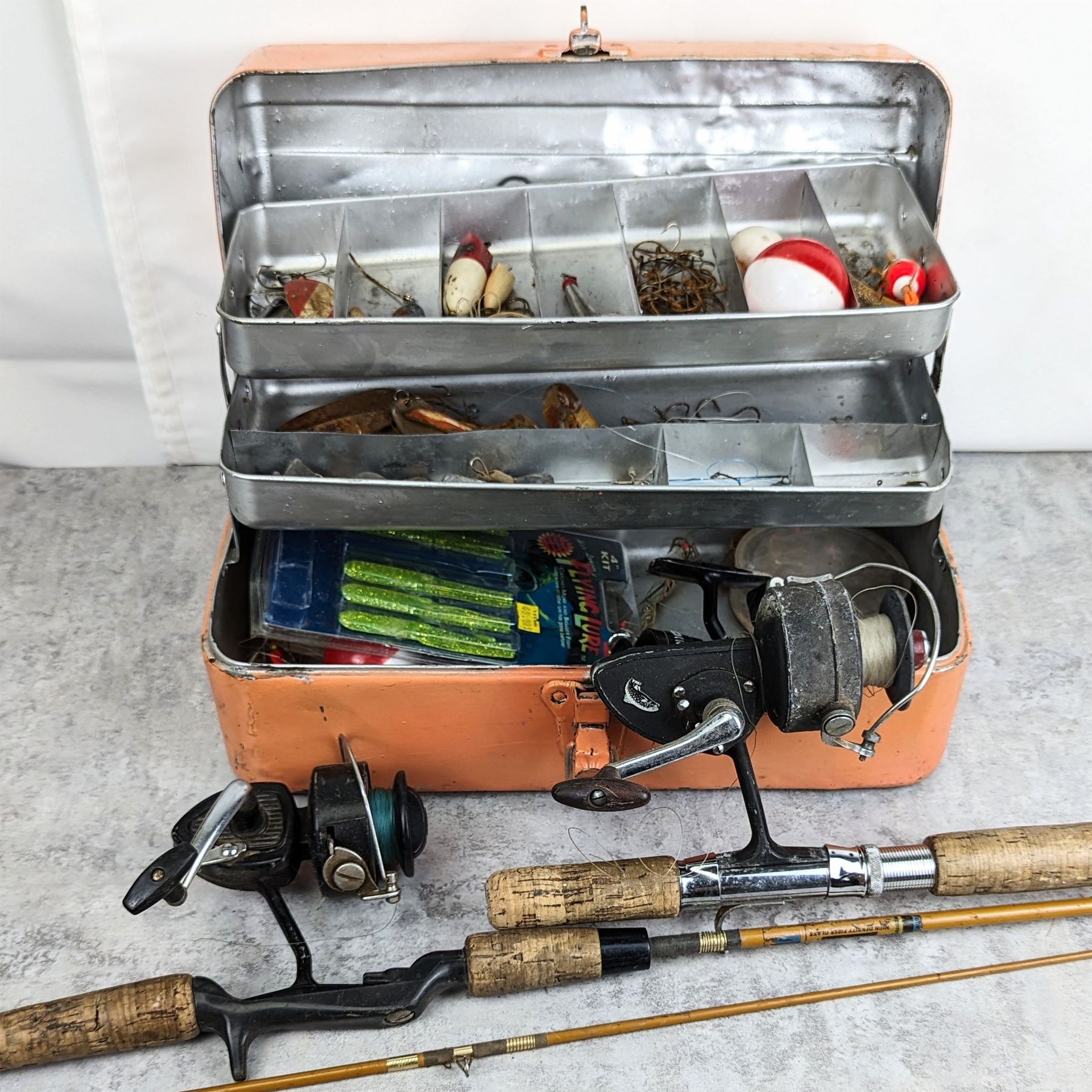 Vintage Fishing Tackle Box & 2 Fishing Rods
