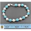 Image 1 : #226-FRESH WATER PEARL & TOURQUIOSE BRACELET 7.5"