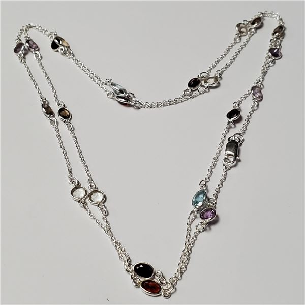 BZ1497-95 SILVER MULTI GEMSTONE 36" NECKLACE