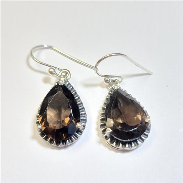 Silver Smokey Quartz Pear Solitaire Earrings - Retail Value $240.00