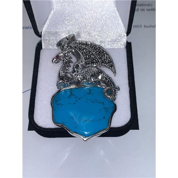 Natural Turquois 30.00 Carat .925 Silver Dragon sculpted Pendant with appraisal certificate $1100.00