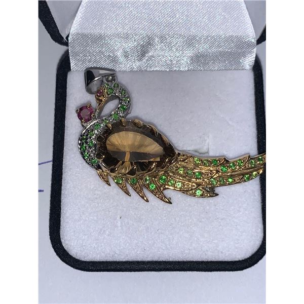 Ladies Smokey Quartz Tear Drop Solitaire .925 Silver Peacock Pendant