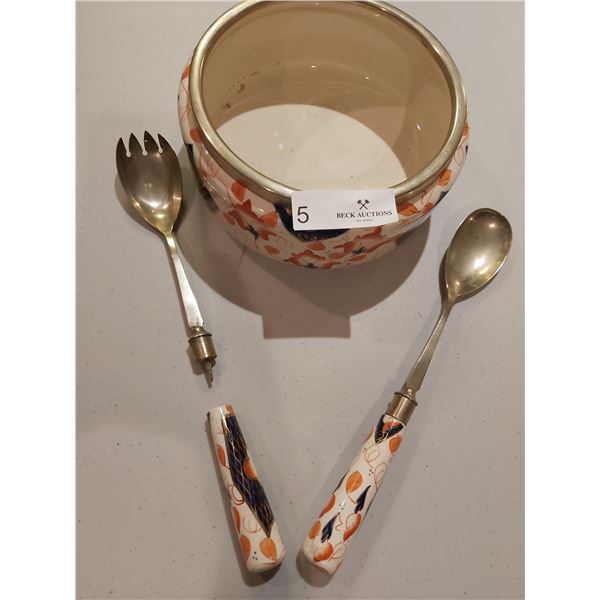 Antique Silver Plated Rimmed Bowl & Serving Utensils Excellent Condition for Age