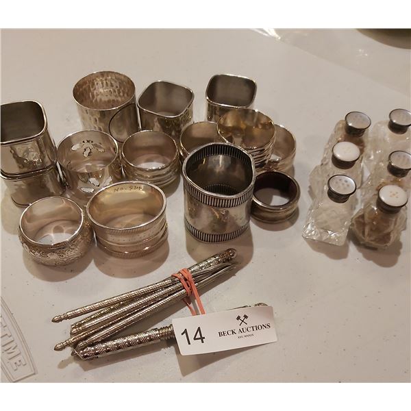 Assortment of Plated Napkin Rings, Crystal Salt & Pepper Shaker with Mother of Pearl Tops & More