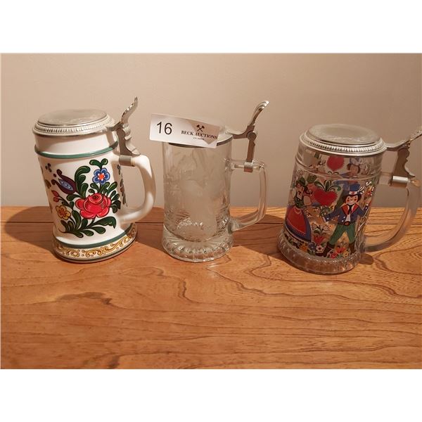 2 Painted Glass Steins with Pewter Lids 6 H & 6 3/8 High & Glass Stein