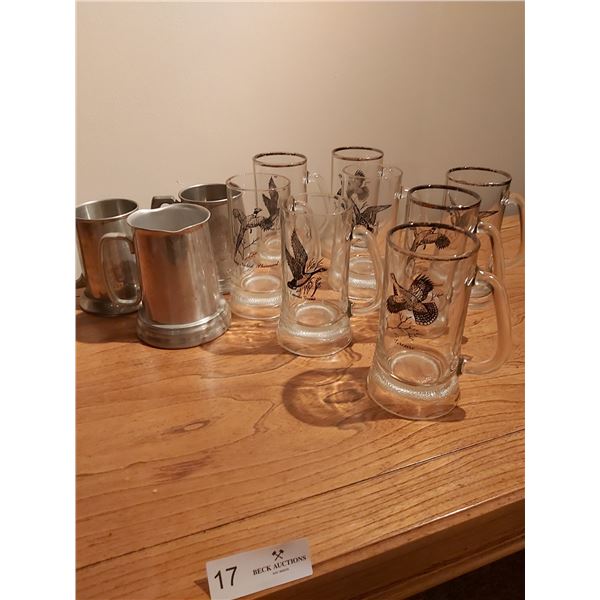 3 Pewter Beer Mugs & 8 Glass Bird Beer Mugs
