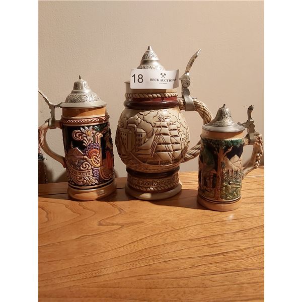 3 Beer Steins with Pewter Lids