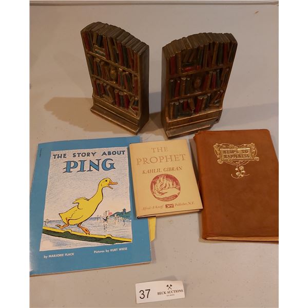 Unique Book Ends 7 inches High & Vintage Books