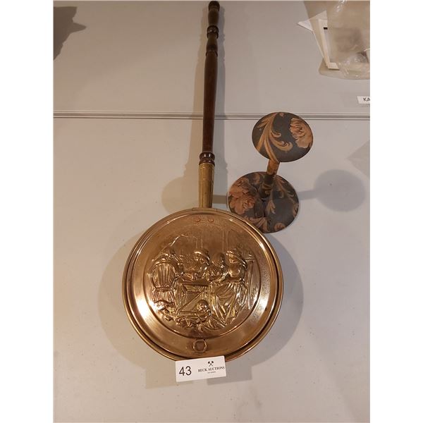 Vintage Brass Bed Warmer with Wooden Handle & Hat Stand