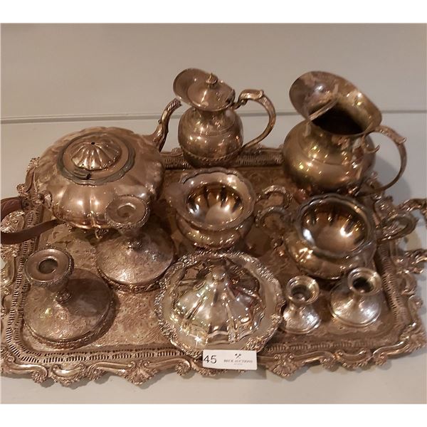 Silverplated Tea/Coffee Service with Candlesticks, Tray & More