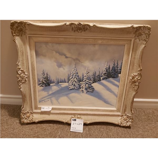 "Winter in Poland" Oil Painting Artist R. Mann - 27 1/2 x 23 1/2