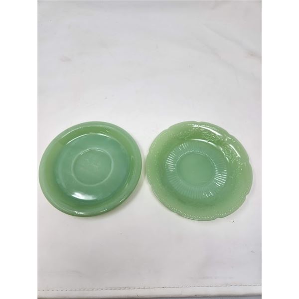 2 Vintage Green Fire-King Saucers