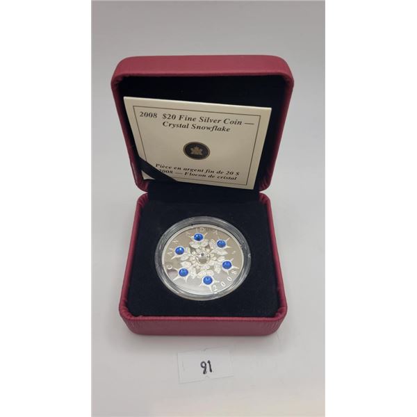 2008 Candian Fine Silver 20 Dollar Sapphire Snowflake Coin