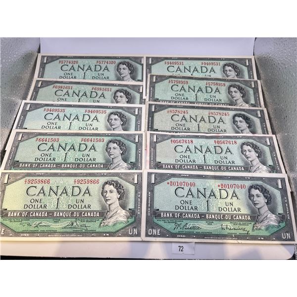 Set of 10 1954 Canadian One Dollar Banknotes