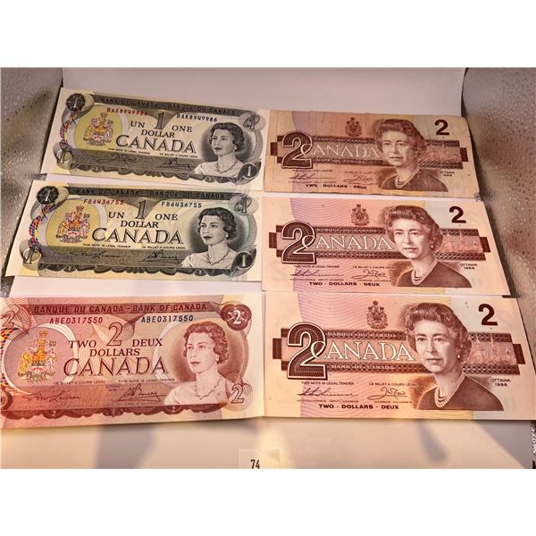 Set of 6 Canadian 1 & 2 Dollar Bills Various Years