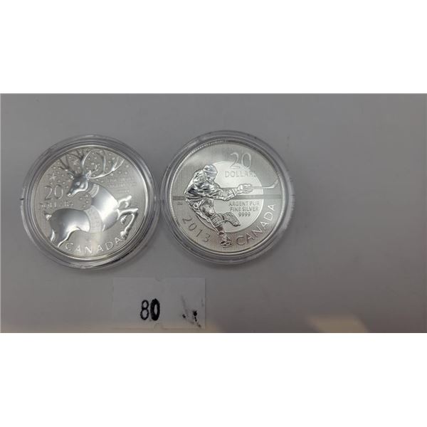 Canadian Fine Silver 20 Dollars 2012 "Reindeer" & 2013 "Hockey"