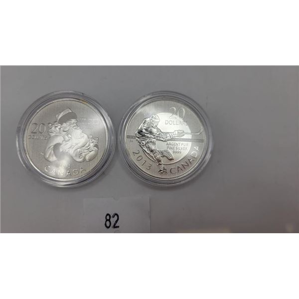 2013 Fine Silver Canadian 20 Dollar Coins "Santa & Hockey"