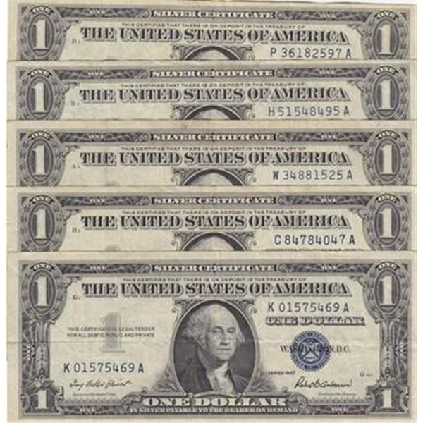 Lot of (5) US $1 Silver Certificates