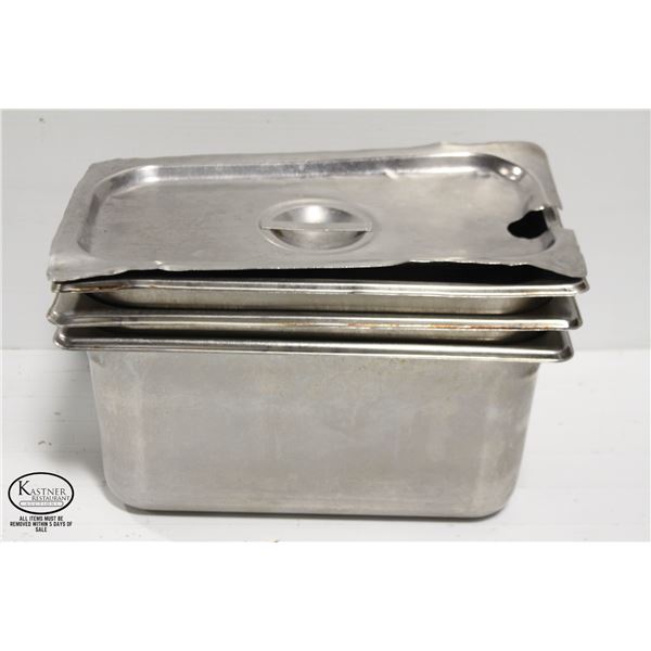 THREE 1/3 SIZE STAINLESS STEEL INSERTS W/ LID - 6"