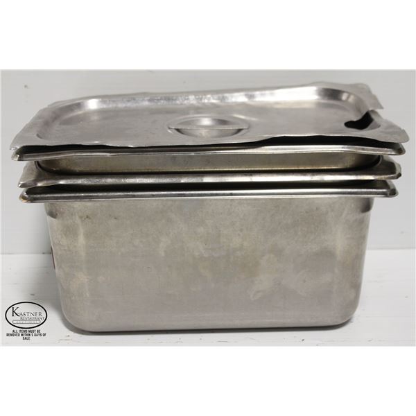 THREE 1/3 SIZE STAINLESS STEEL INSERTS W/ LID - 6"