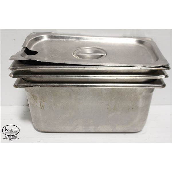 THREE 1/3 SIZE STAINLESS STEEL INSERTS W/ LID - 6"