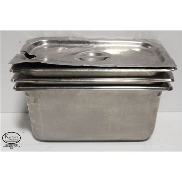 THREE 1/3 SIZE STAINLESS STEEL INSERTS W/ LID - 6"