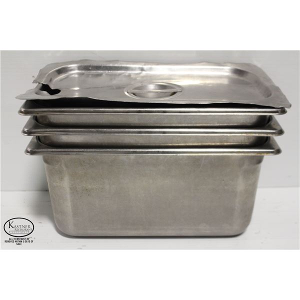 THREE 1/3 SIZE STAINLESS STEEL INSERTS W/ LID - 6"