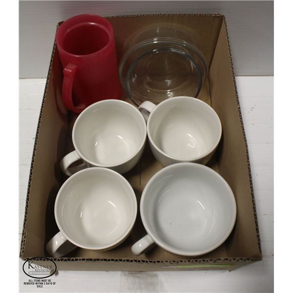 FLAT OF 4 LARGE COFFEE MUGS W/ FREEZER MUG & 2
