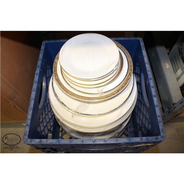 CRATE W/ STACK OF ASSORTED CERAMIC PLATES
