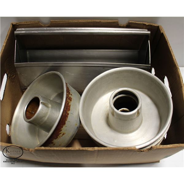 LOT OF ALUMINUM ANGEL CAKE PANS AND STEEL FLOUR
