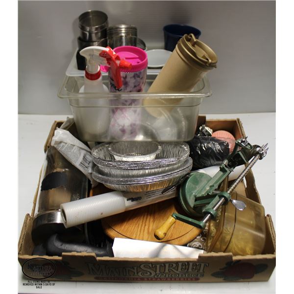 BOX OF ASSORTED KITCHEN GOODS: TWO LARGE KNIVES,