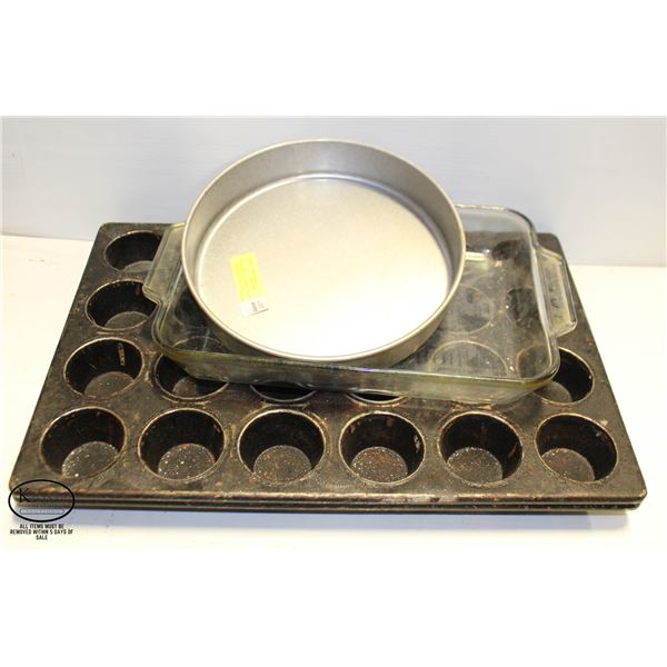 BAKERS LOT: TWO 24 CUP MUFFIN PANS, 10" CAKE PAN,