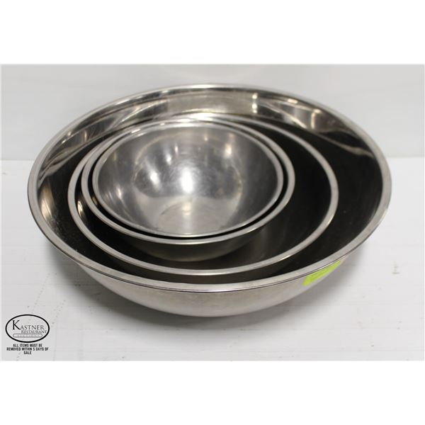 FOUR STAINLESS STEEL MIXING BOWLS