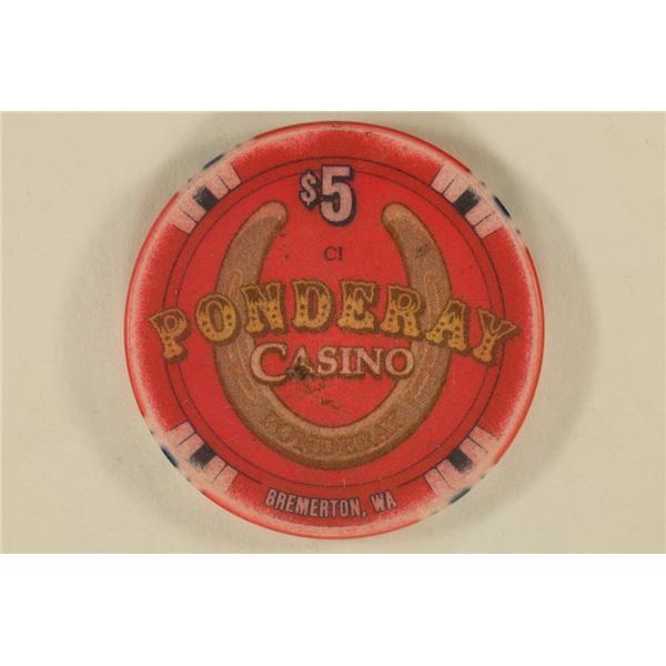 $5 PONDERAY CASINO CHIP BREMERTON, WASHINGTON