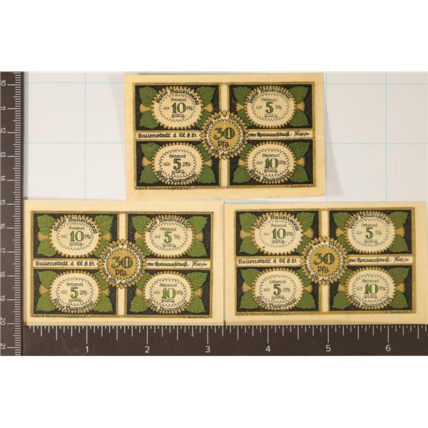 3 UNIQUE GERMAN 1921 BALLENSTEDT NOTGELDS (UNC)