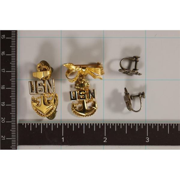 UNITED STATES NAVY PIN AND EARRING SET: 2 PINS AND