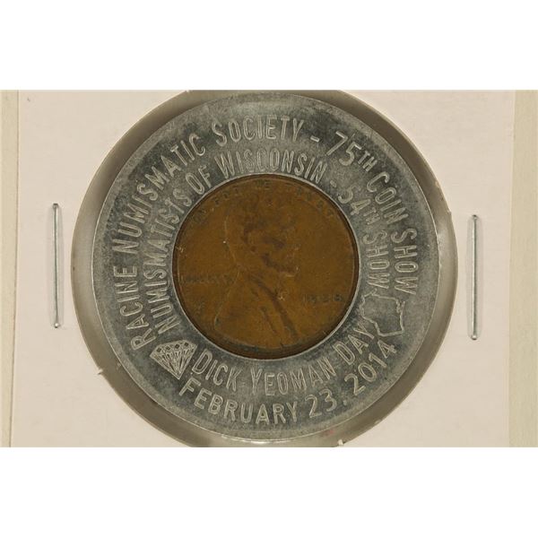 ENCASED 1938 LINCOLN WHEAT CENT, RACINE NUMISMATIC