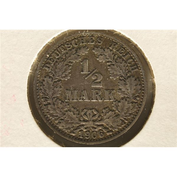1906-A SILVER GERMAN 1/2 MARK .0802 OZ. ASW