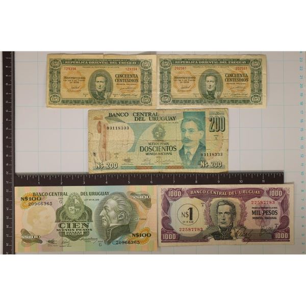 5-URUGUAY BILLS: 2-1939-50 CENTISMOS, 100 PESOS CU