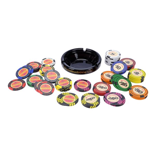 Lot #749: ELVIS (2022) - Set of Aladdin and International Casino Chips with International Ashtray