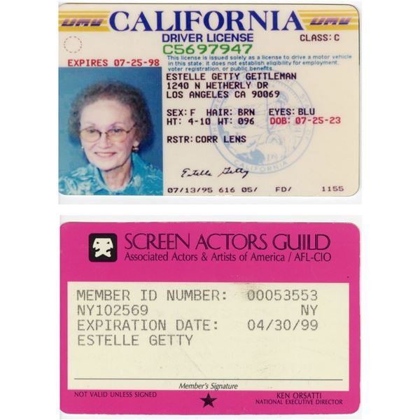 Lot #867: ESTELLE GETTY - Estelle Getty's Driver's License and SAG Card