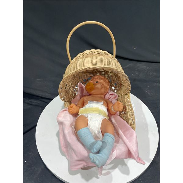 Collectable Baby Doll with Wicker Carriage