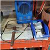 Image 1 : LOT OF HEATER, BIN OF PARTS AND ROLLER STAND TOP