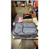 Image 1 : GREY CARRY ON SUITCASE, 2 VINTAGE HATS IN WOODWARDS BOX, AND VINTAGE SATIN HEELS SIZE 8