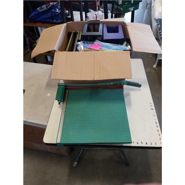 BOX OF OFFICE SUPPLIES - PAPER CUTTER, FILE FOLDER, PAPER PUNCHES ETC