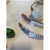 Image 8 : LOT OF VINTAGE COLORED BOTTLES, GLASS FISH AND EASTERN FONDUE FORKS