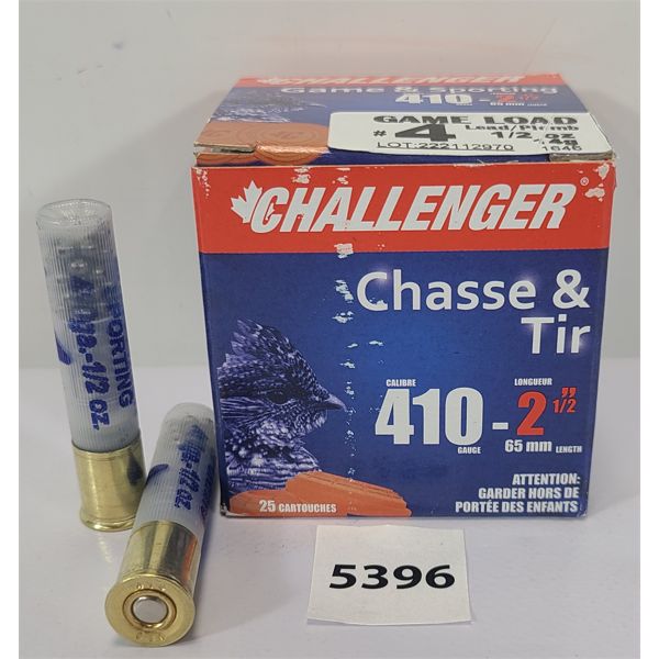 AMMO: 25X CHALLENGER 410 #4 SHOTSHELLS - 2 1/2 INCH - Kidd Family Auctions