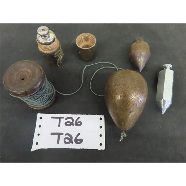 4 Antique Vintage Plumb Bobs including; Very Large + Heavy Solid Brass with 