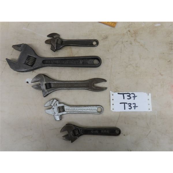 5 Antique Vintage Crescent Type Wrenches - Various Makers Including 